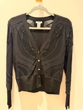 Cache Black V-Neck Openwork Button Cardigan